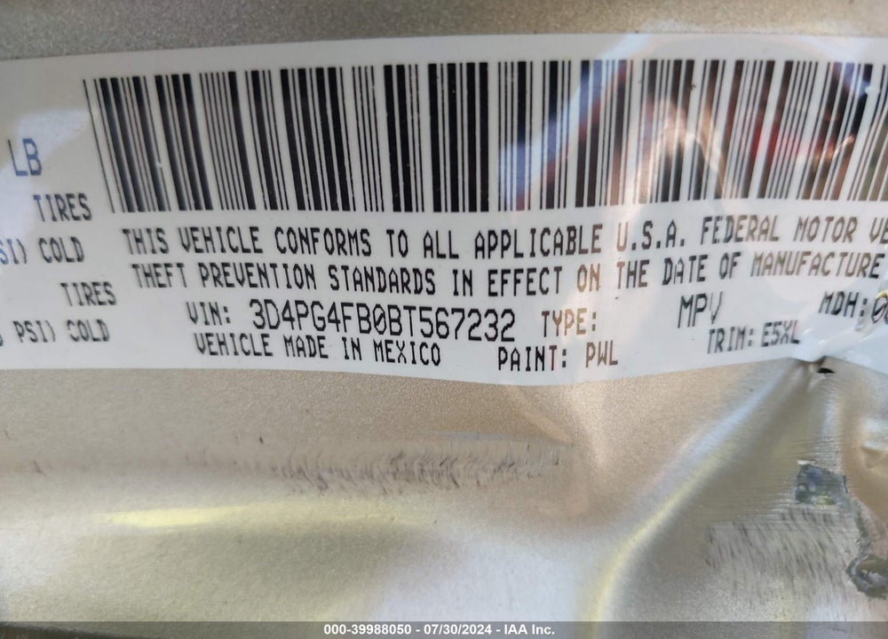 2011 DODGE JOURNEY VIN: 3D4PG4FB0BT567232