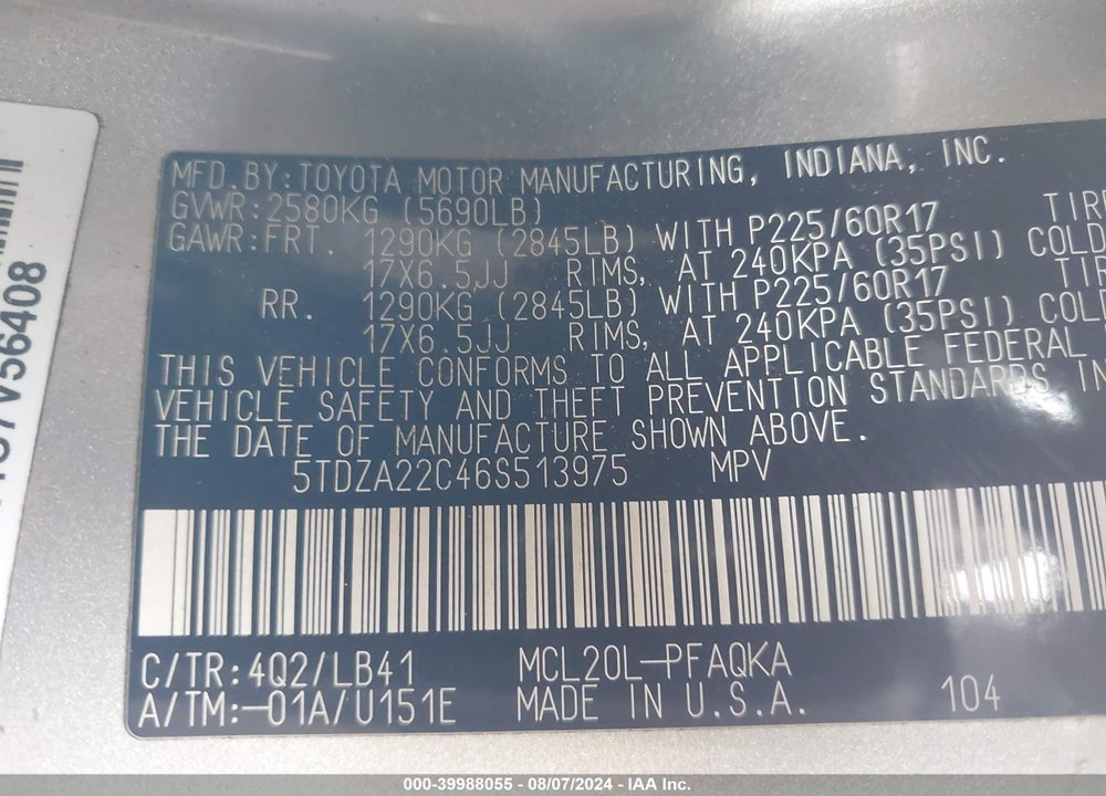 2006 TOYOTA SIENNA XLE VIN: 5TDZA22C46S513975