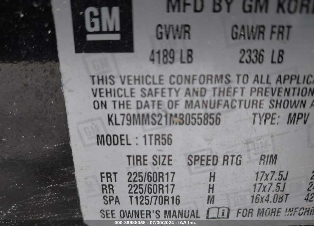 2021 CHEVROLET TRAILBLAZER FWD LS VIN: KL79MMS21MB055856