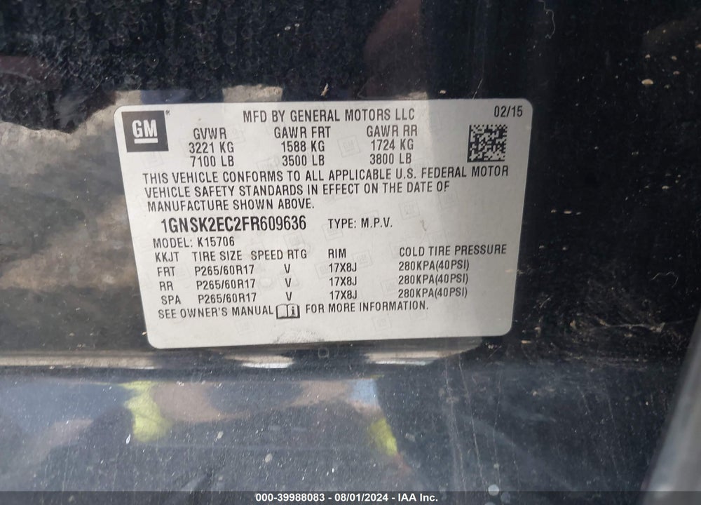 2015 CHEVROLET TAHOE VIN: 1GNSK2EC2FR609636