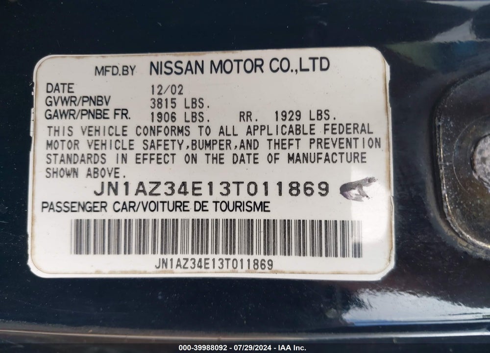2003 NISSAN 350Z TOURING VIN: JN1AZ34E13T011869