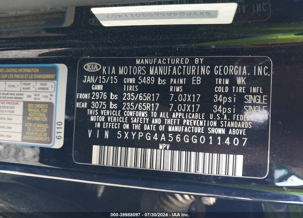 2016 KIA SORENTO 3.3L LX VIN: 5XYPG4A56GG011407