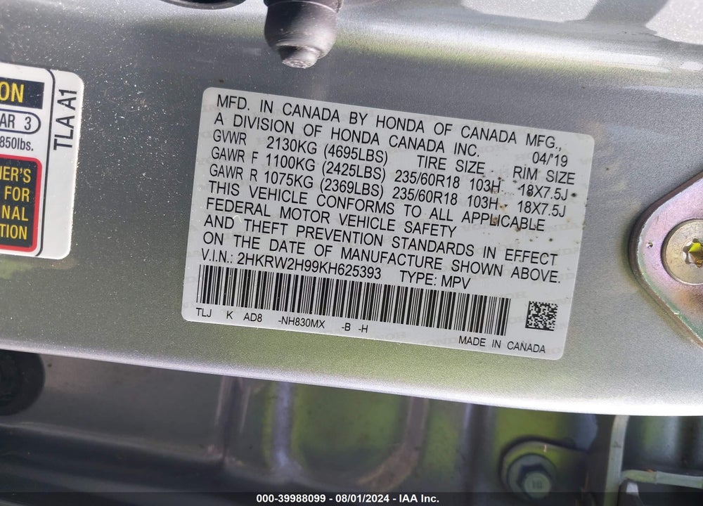 2019 HONDA CR-V TOURING VIN: 2HKRW2H99KH625393