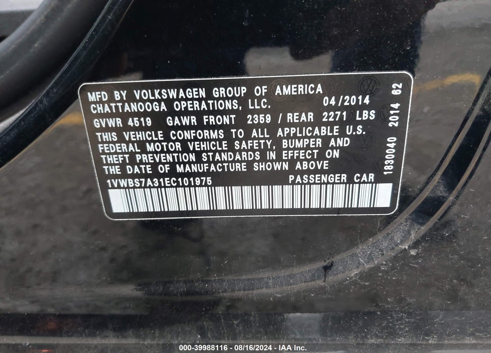 2014 VOLKSWAGEN PASSAT 1.8T SE VIN: 1VWBS7A31EC101975