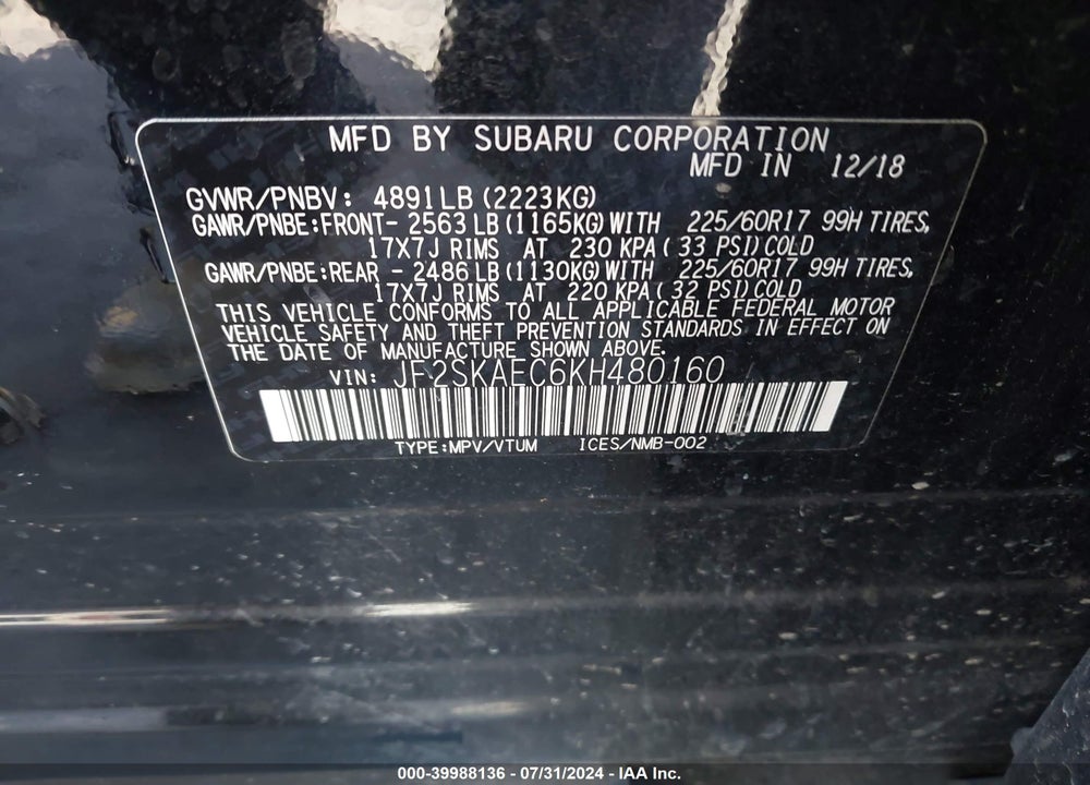 2019 SUBARU FORESTER PREMIUM VIN: JF2SKAEC6KH480160