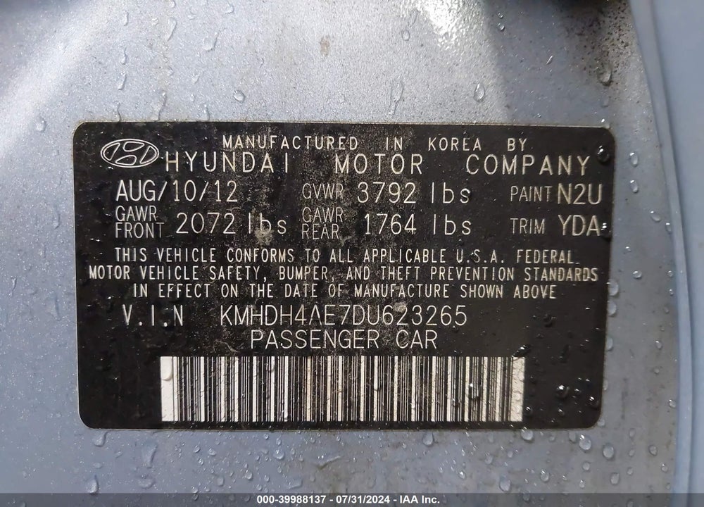 2013 HYUNDAI ELANTRA GLS VIN: KMHDH4AE7DU623265