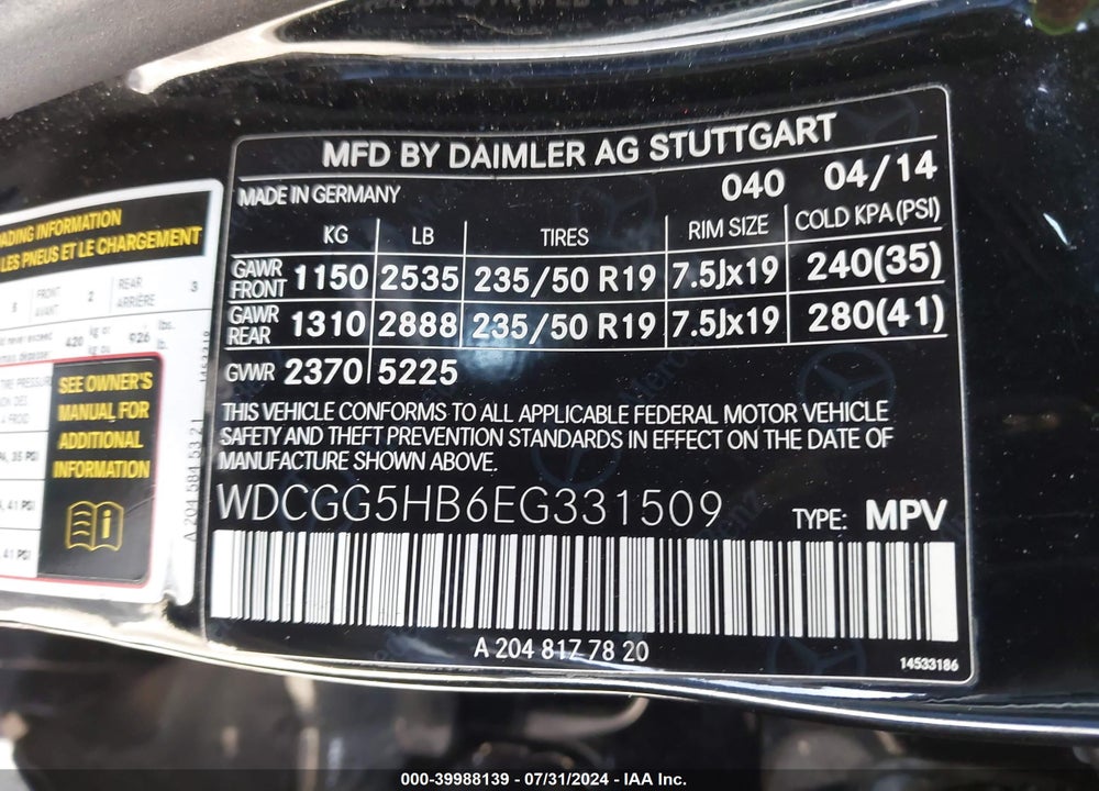 2014 MERCEDES-BENZ GLK 350 VIN: WDCGG5HB6EG331509