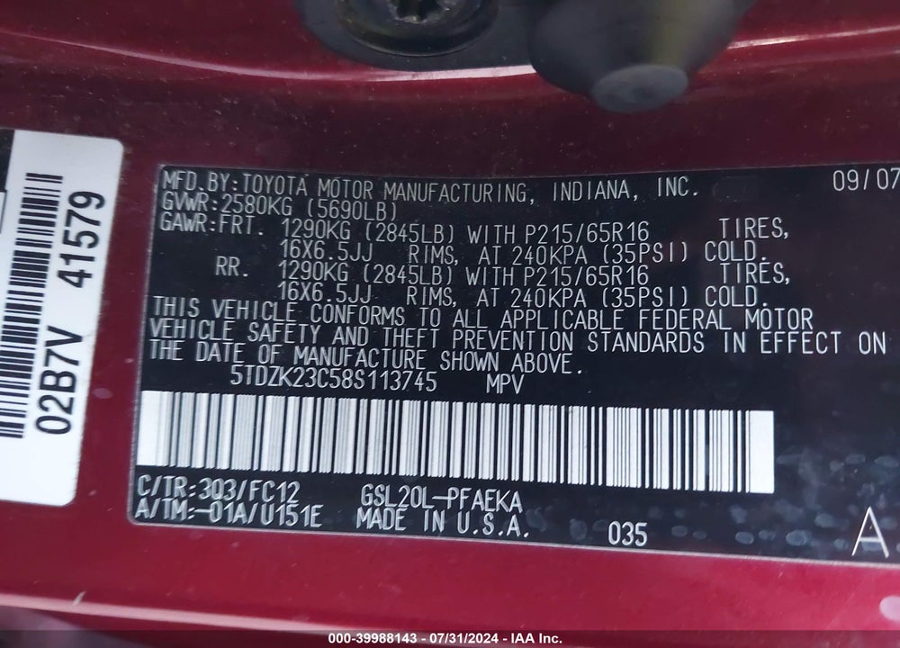 2008 TOYOTA SIENNA LE VIN: 5TDZK23C58S113745