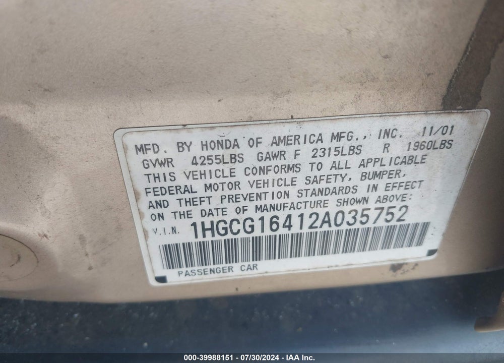 2002 HONDA ACCORD 3.0 LX VIN: 1HGCG16412A035752