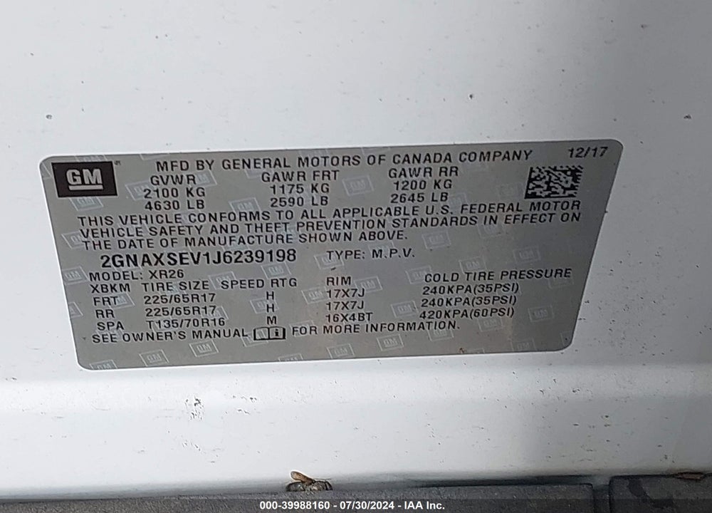 2018 CHEVROLET EQUINOX LT VIN: 2GNAXSEV1J6239198