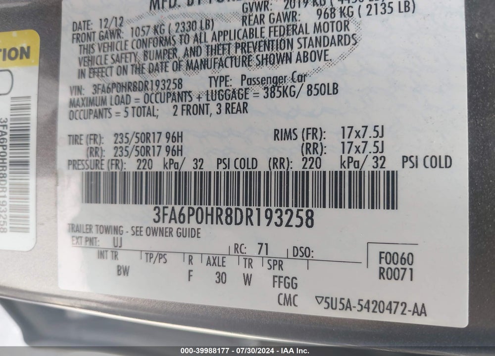 2013 FORD FUSION SE VIN: 3FA6P0HR8DR193258