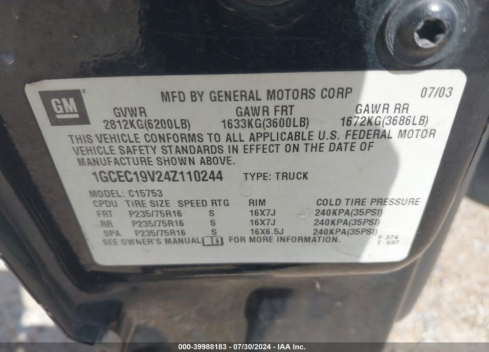 2004 CHEVROLET SILVERADO 1500 VIN: 1GCEC19V24Z110244