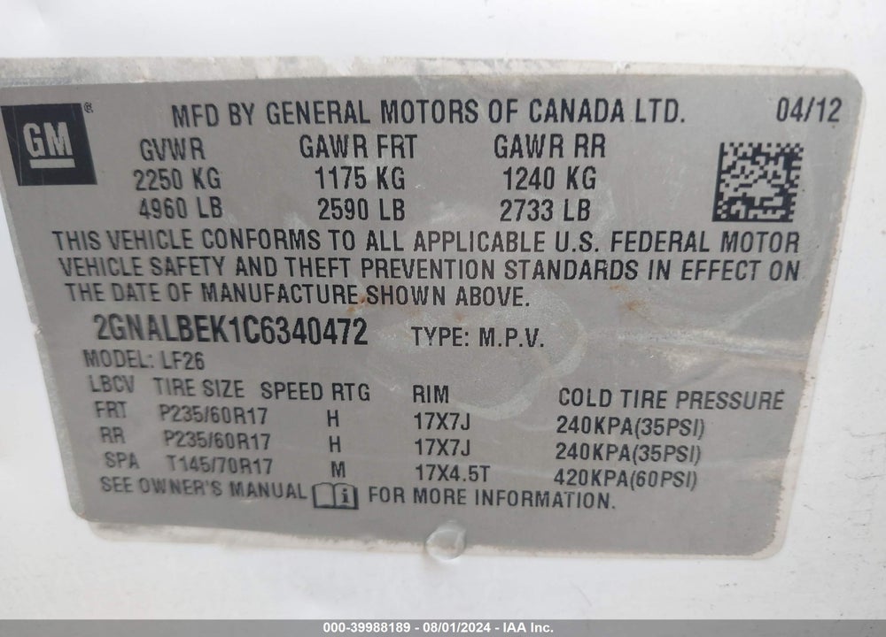 2012 CHEVROLET EQUINOX LS VIN: 2GNALBEK1C6340472