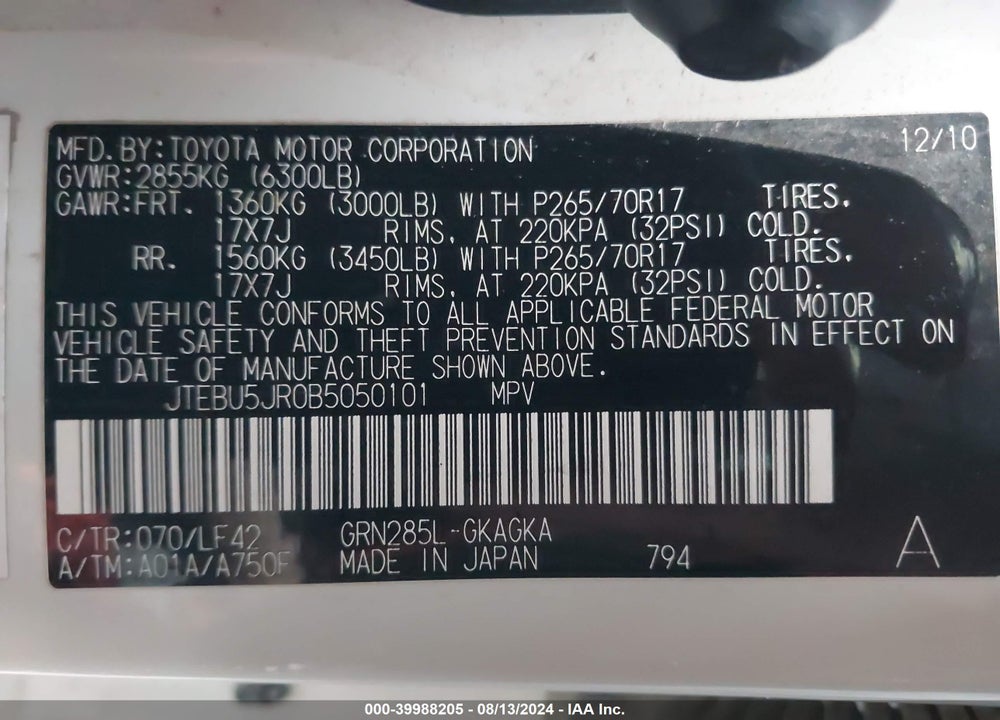 2011 TOYOTA 4RUNNER SR5 V6 VIN: JTEBU5JR0B5050101