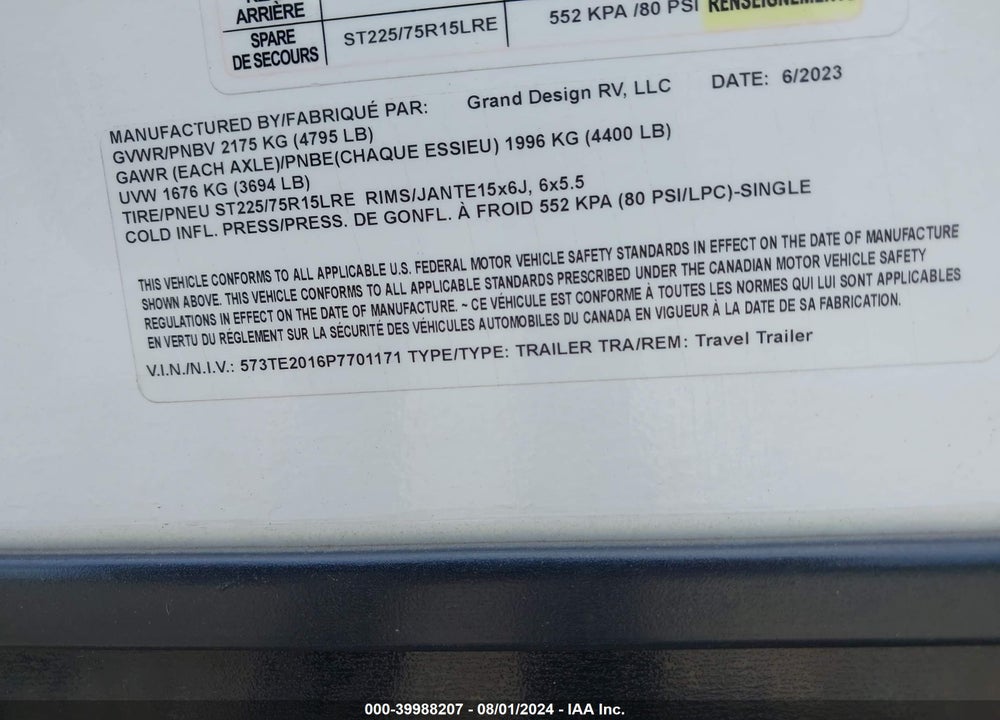 2023 GRAND DESIGN OTHER VIN: 573TE2016P7701171