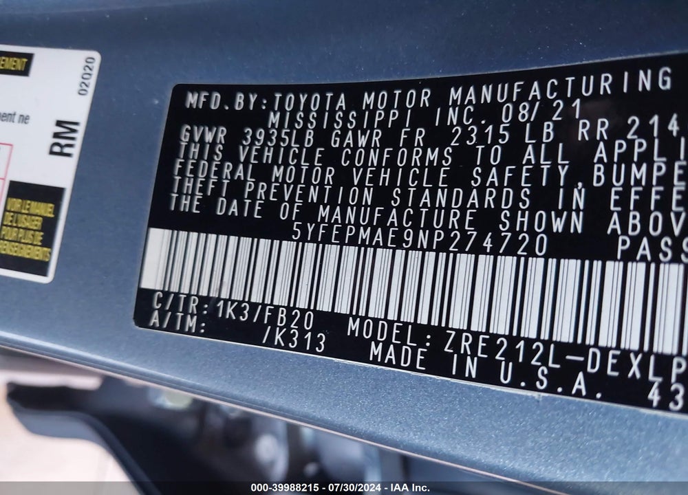 2022 TOYOTA COROLLA LE VIN: 5YFEPMAE9NP274720