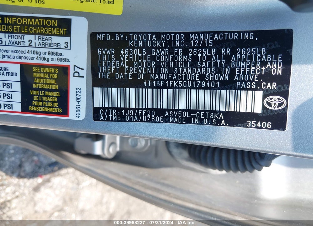 2016 TOYOTA CAMRY SE VIN: 4T1BF1FK5GU179401