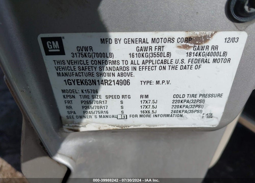 2004 CADILLAC ESCALADE STANDARD VIN: 1GYEK63N14R214906