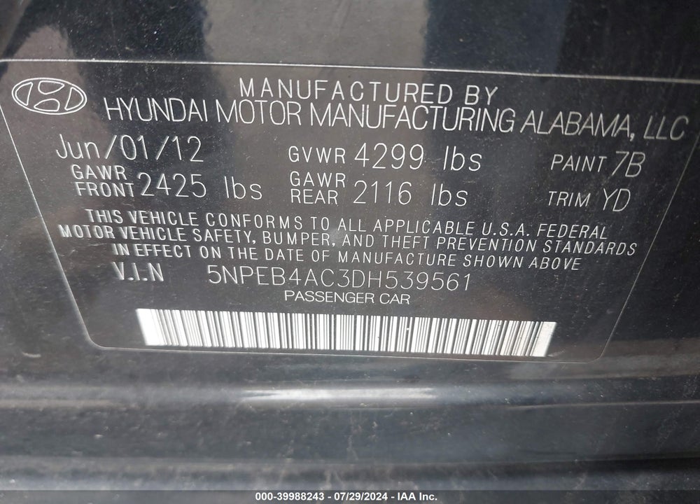 2013 HYUNDAI SONATA GLS VIN: 5NPEB4AC3DH539561