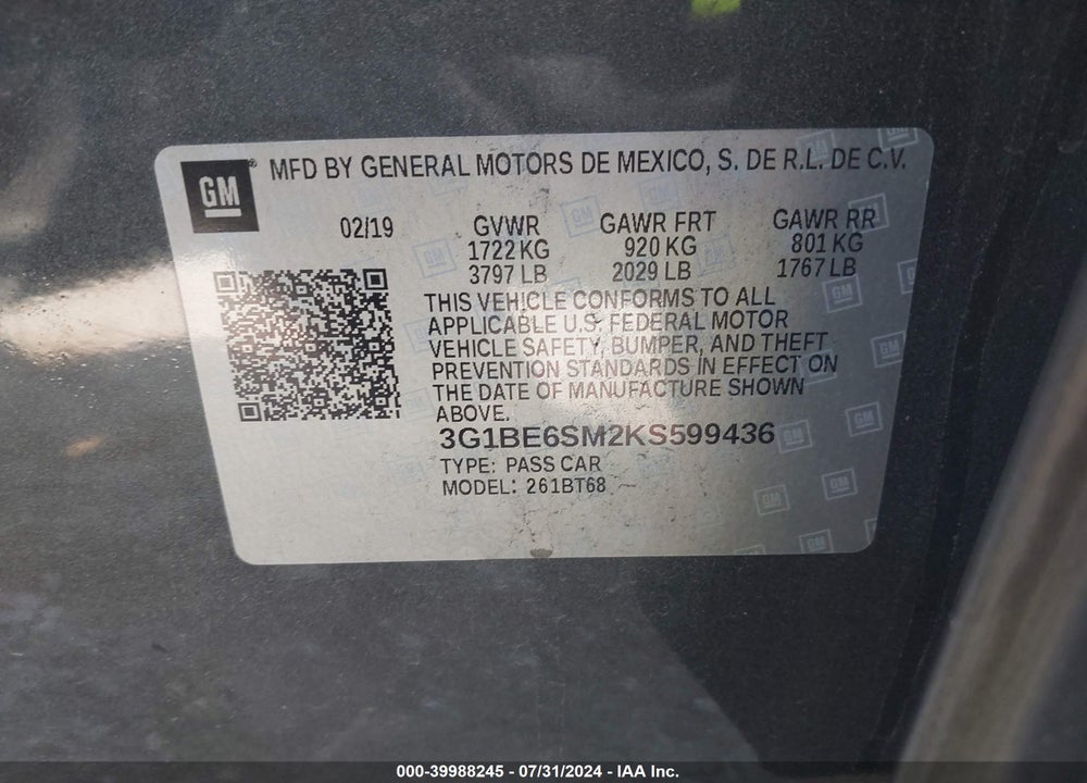 2019 CHEVROLET CRUZE LT VIN: 3G1BE6SM2KS599436