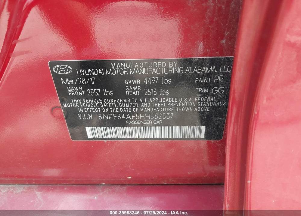 2017 HYUNDAI SONATA SPORT VIN: 5NPE34AF5HH582537