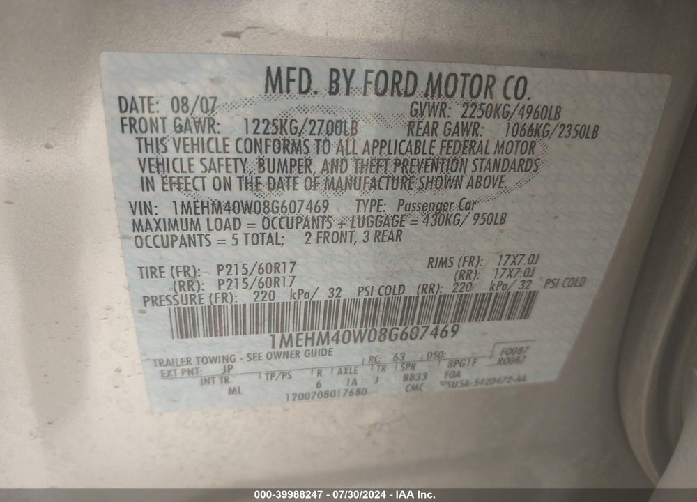 2008 MERCURY SABLE VIN: 1MEHM40W08G607469