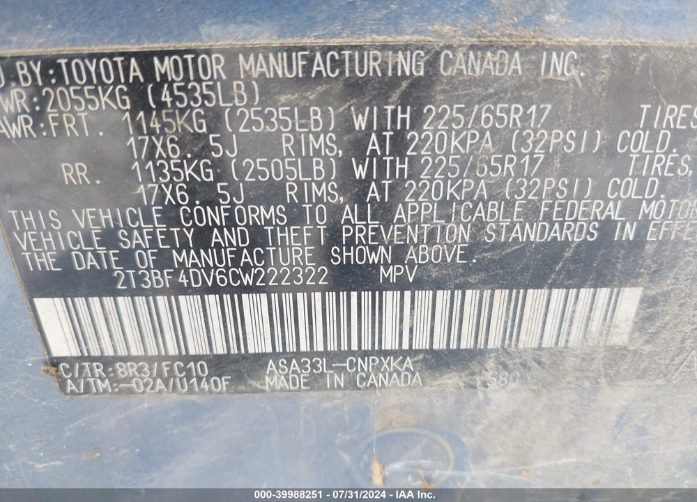 2012 TOYOTA RAV4 VIN: 2T3BF4DV6CW222322