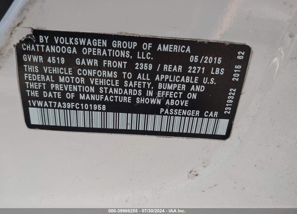2015 VOLKSWAGEN PASSAT 1.8T WOLFSBURG EDITION VIN: 1VWAT7A39FC101958