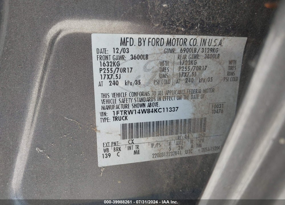 2004 FORD F-150 XLT VIN: 1FTRW14W84KC11337