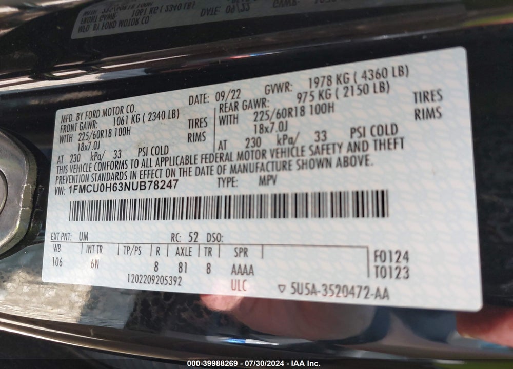 2022 FORD ESCAPE VIN: 1FMCU0H63NUB78247