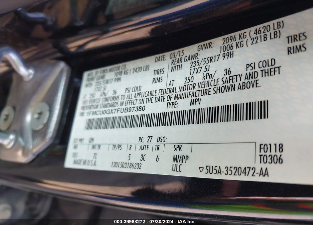 2015 FORD ESCAPE SE VIN: 1FMCU0GX7FUB97380