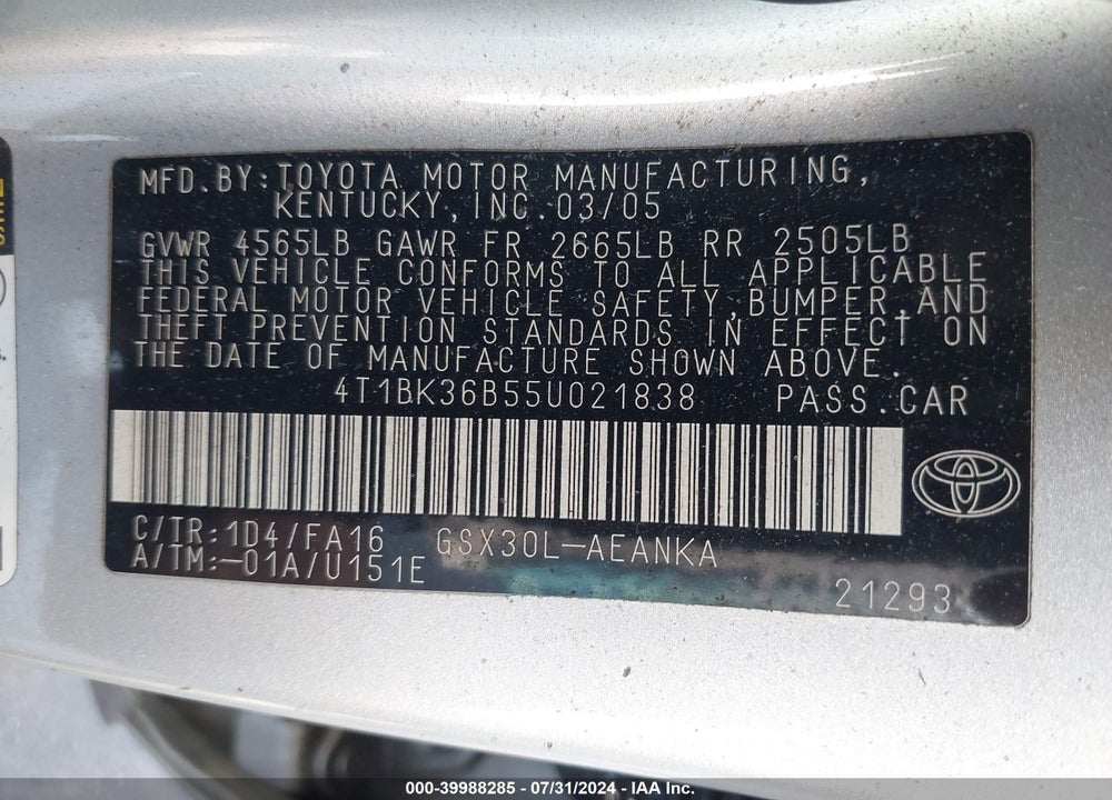 2005 TOYOTA AVALON XL VIN: 4T1BK36B55U021838