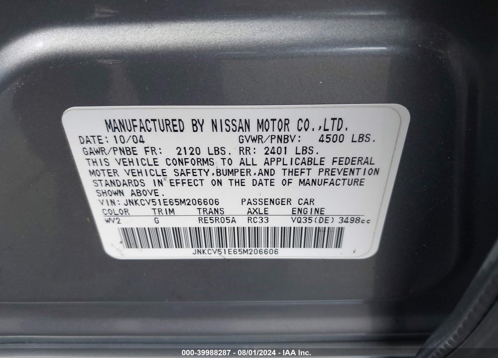 2005 INFINITI G35 VIN: JNKCV51E65M206606