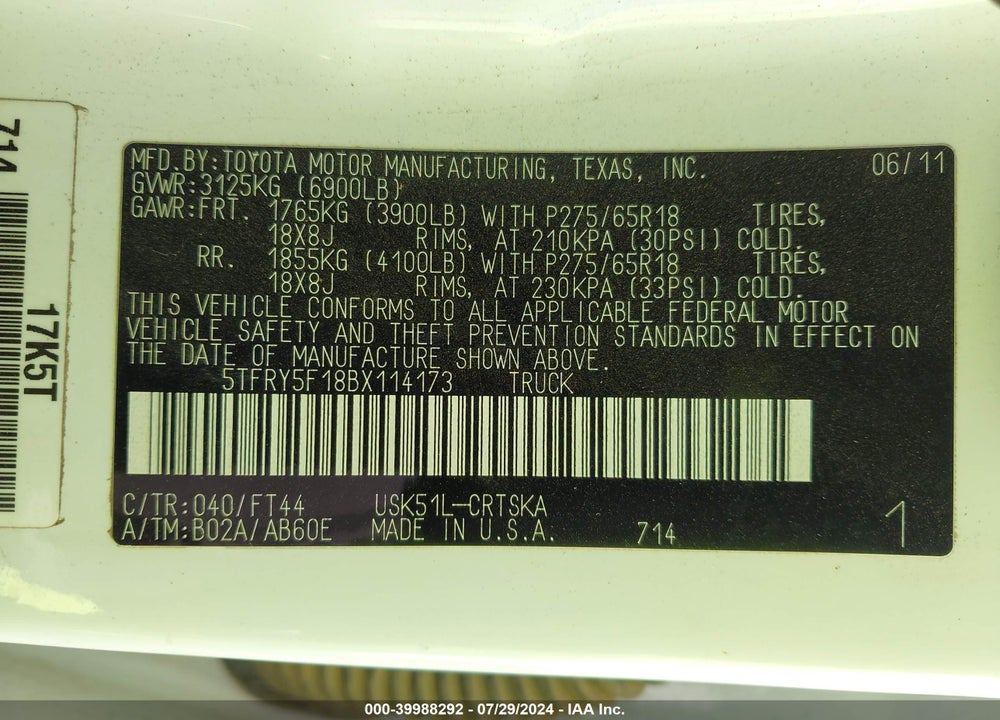 2011 TOYOTA TUNDRA GRADE 5.7L V8 VIN: 5TFRY5F18BX114173
