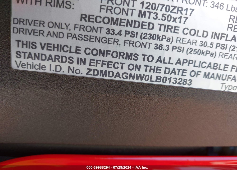 2020 DUCATI PANIGALE V4/V4S/V4S SPECIALE VIN: ZDMDAGNW0LB013283