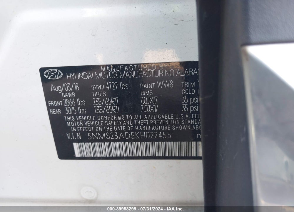 2019 HYUNDAI SANTA FE SE VIN: 5NMS23AD5KH022455