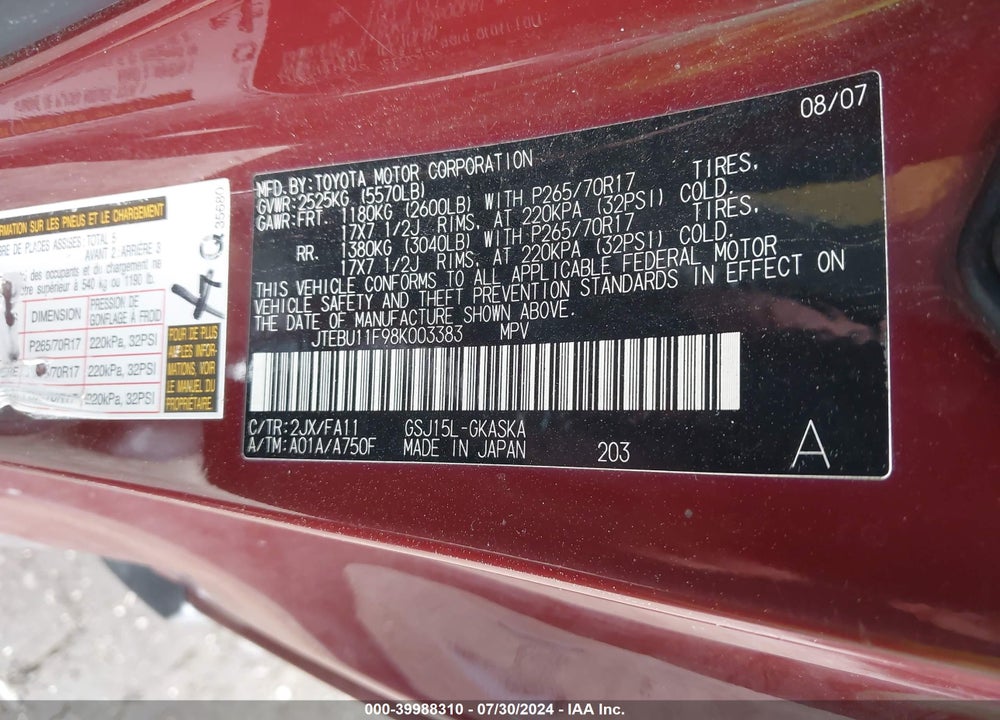 2008 TOYOTA FJ CRUISER VIN: JTEBU11F98K003383
