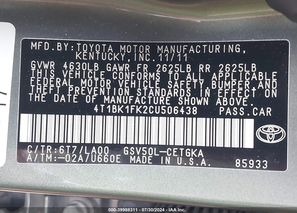 2012 TOYOTA CAMRY XLE V6 VIN: 4T1BK1FK2CU506438