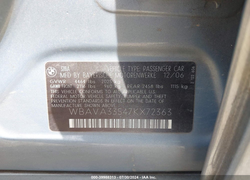 2007 BMW 328I VIN: WBAVA33547KX72363