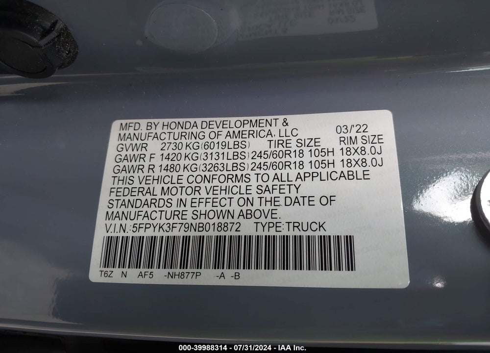 2022 HONDA RIDGELINE RTL-E VIN: 5FPYK3F79NB018872