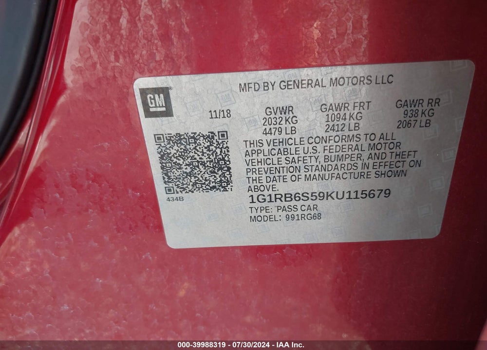2019 CHEVROLET VOLT PREMIER VIN: 1G1RB6S59KU115679