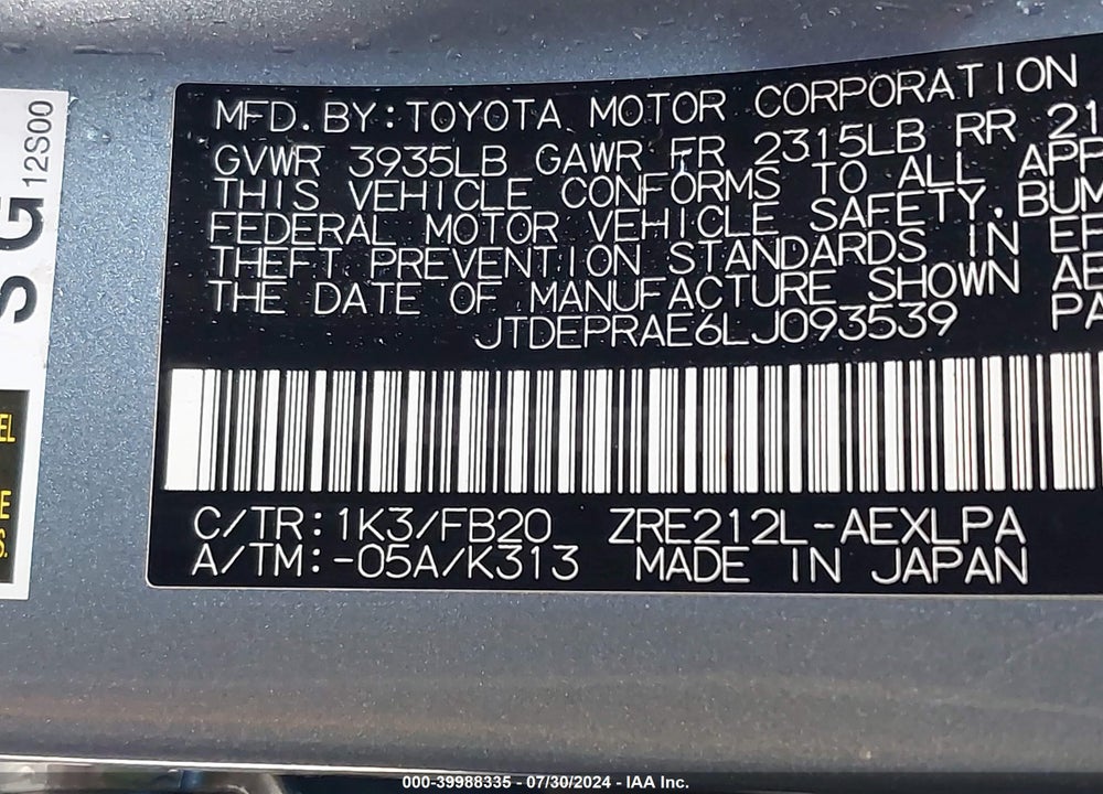 2020 TOYOTA COROLLA LE VIN: JTDEPRAE6LJ093539