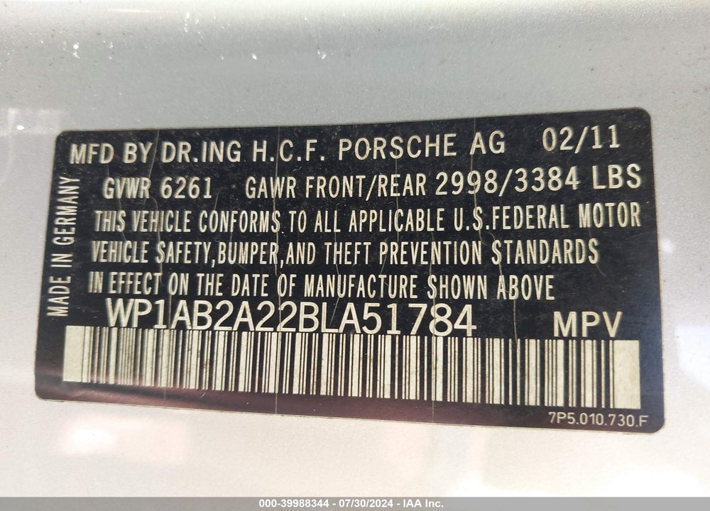 2011 PORSCHE CAYENNE S VIN: WP1AB2A22BLA51784