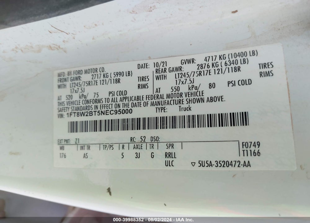 2022 FORD F-250 XL VIN: 1FT8W2BT5NEC95000