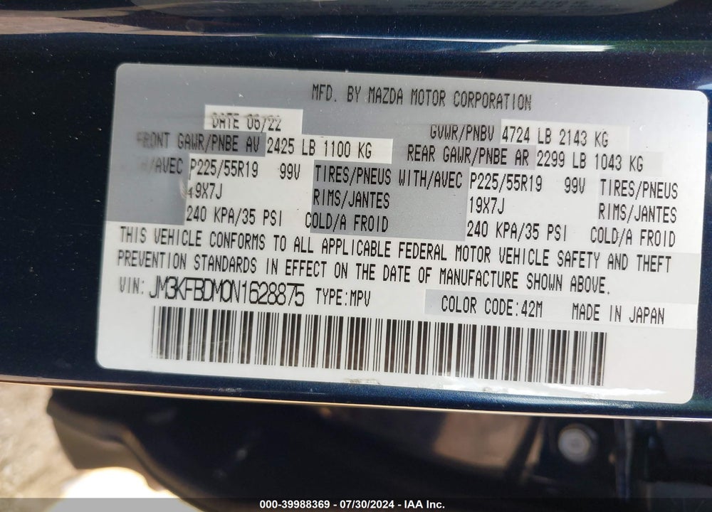 2022 MAZDA CX-5 2.5 S PREMIUM VIN: JM3KFBDM0N1628875