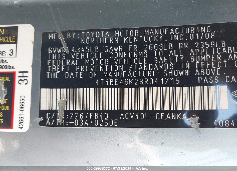 2008 TOYOTA CAMRY LE VIN: 4T4BE46K28R041715