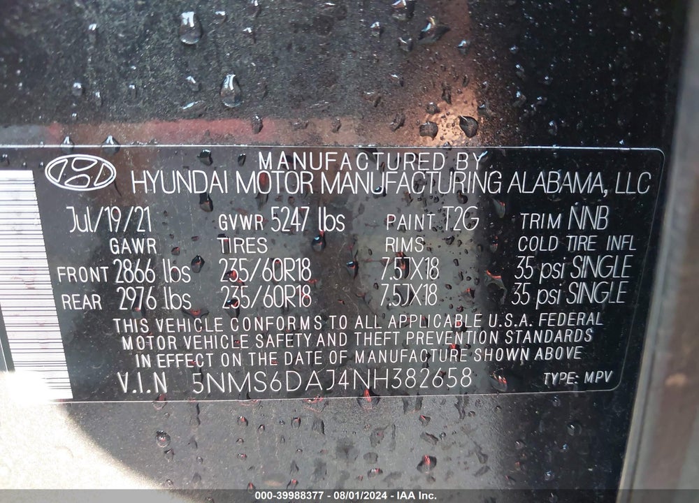 2022 HYUNDAI SANTA FE SEL VIN: 5NMS6DAJ4NH382658