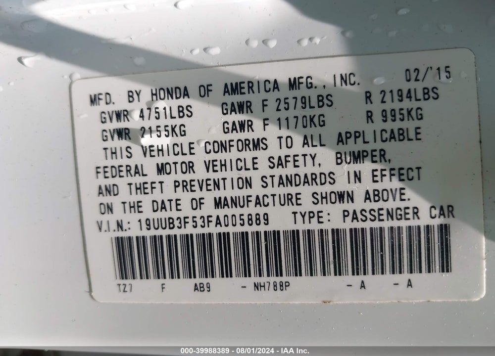 2015 ACURA TLX V6 TECH VIN: 19UUB3F53FA005889