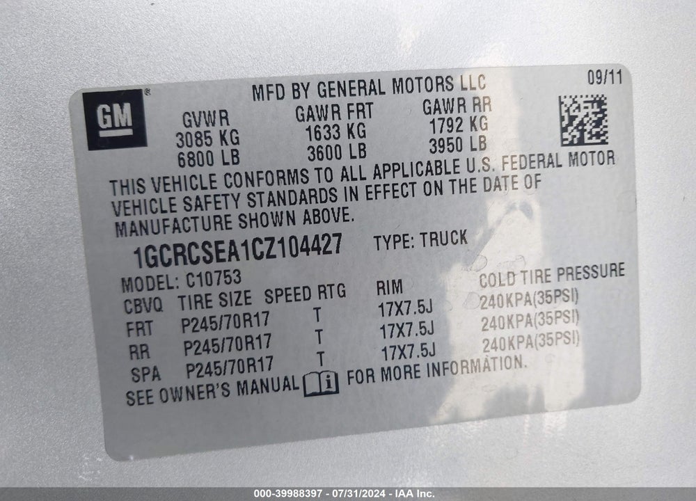 2012 CHEVROLET SILVERADO 1500 LT VIN: 1GCRCSEA1CZ104427