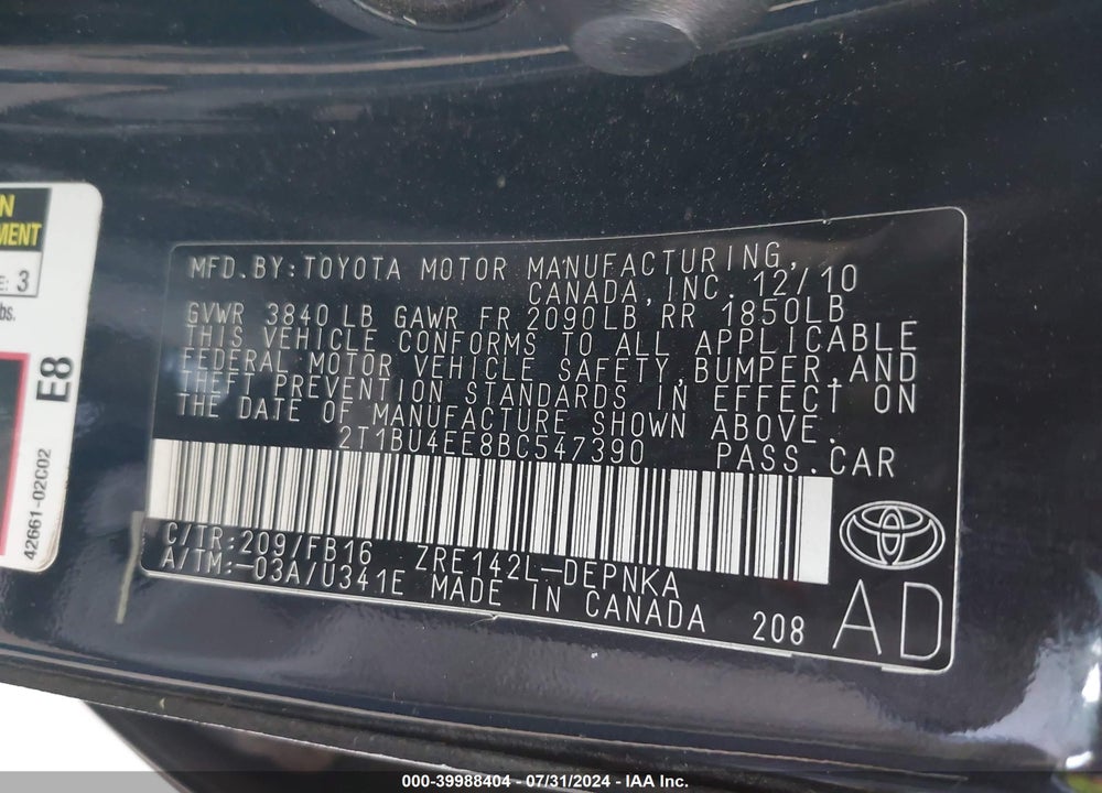 2011 TOYOTA COROLLA LE VIN: 2T1BU4EE8BC547390